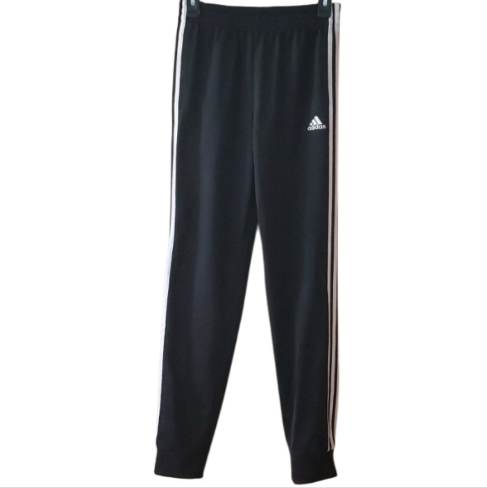 Adidas Boys 14/16 Slick Polyester Black With 3 White Stripes Jogger‎ Pants